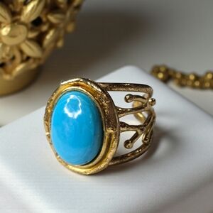 18k Gold Plated Artisan Genuine Turquoise Flower Branch Wide Band Ring